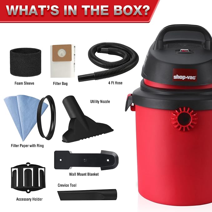 Shop-Vac 5890489 4 Gallon 4.0 Peak HP Wet/Dry Vacuum, 1.25 Inch Diameter x 4 Foot Hose, 6 Foot Cord, Ideal for Jobsite, Garage & Workshop