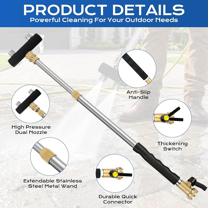 Jet Nozzle High Pressure Hose Nozzle, 2026 Upgraded Extendable Power Washer Wand with 2 Spray Jet Hose and 1 High Pressure Dual Nozzle Washer Tools for Garden Hose, Car Washing, Patio and Floor