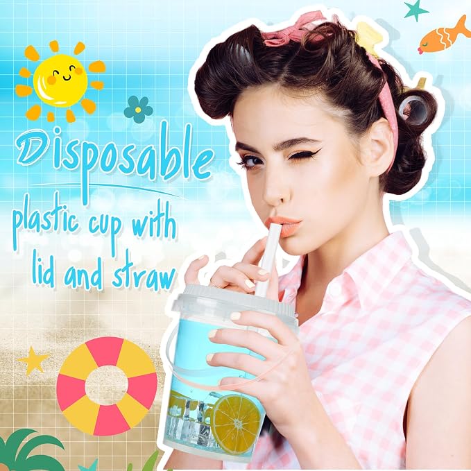 Funnymoom 30 Set 34 oz Clear Drink Buckets with Lids and Straws, Disposable Plastic Rum Cocktail Pails with Handles Large Smoothie Cups for Adult Bachelorette Party Supplies Beach & Catering Events