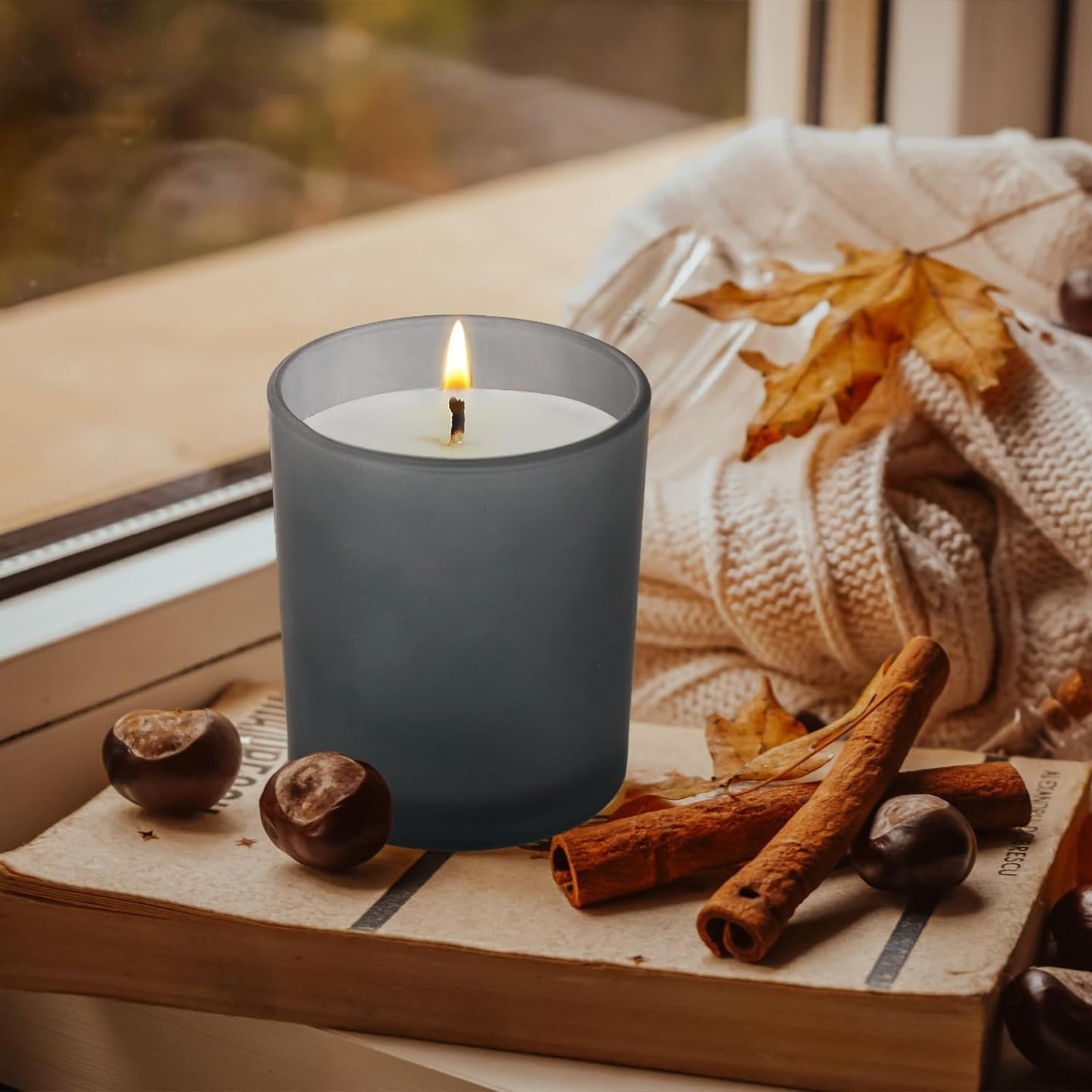 14 OZ Thick Candle Jars for Making Candles 12 Pcs, 3 Wick Empty Jars with Wood Lids for Candle Making, Sample Container, Frosted Grey