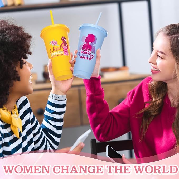 Meanplan 24 Pcs Women's History Month Gifts Bulk 24 oz Plastic Tumbler with Lids and Straws Inspirational Reusable Cups WHM Feminism Gift for March International Women's Day Party Favors