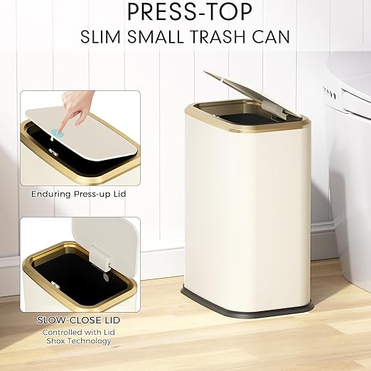 Bathroom Trash Can with Lid, 8L/2.1 Gallon Beige Trash Can Small Garbage Can with Press Top Lid Slim Stainless Steel Garbage Can with 100 Counts Trash Bags for Bathroom Bedroom Kitchen Office Toilet