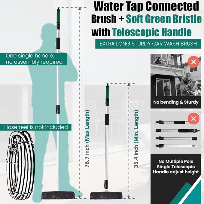 76.7" Sturdy Handle Water Push Floor Broom Green Bristles Cleaning Path 12.2" for Soft Cleaning Car Wash Boat and Solar Panel Black for Hard Floor Clean