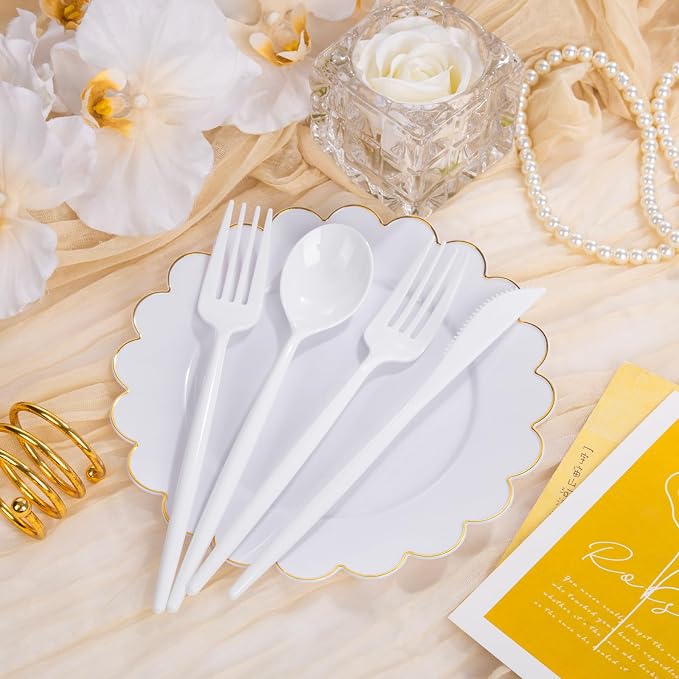 Supernal 360PCS White Plastic Silverware Set - Heavy Duty Disposable Utensils (120 Forks, 120 Knives, 120 Spoons) - Elegant Plastic Cutlery for Weddings, Catering, Party & Daily Dining