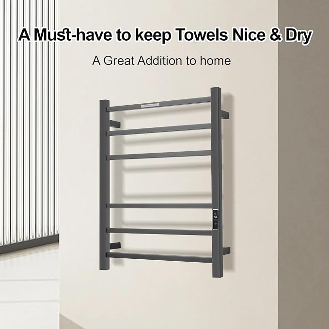 Electric Heated Towel Warmer - Wall Mounted Bathroom Towel Rack, Plug-in Design & Brushed Stainless Steel Finish Gunmetal with Timer & Temperature Control 6 Bar