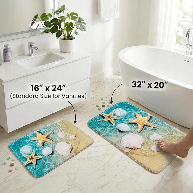 WODEJIA Bathroom Anti-Slip Foam Carpet,Durable Flannel Mat 3D Print Rug for Living Room, Absorbent Water Clearance MatS for Forlaundry Room and Kitchen, Beach Starfish Scallop Carpt 30x18 Inches