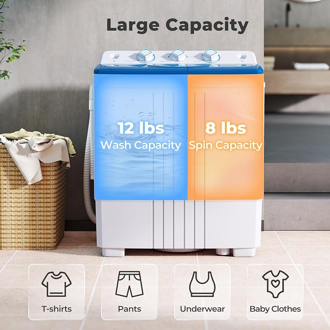 Giantex Portable Washing Machine, 20 LBS Washer & Spinner Combo with Built-in Drain Pump & Time Control, Compact Twin Tub 12 LBS Washing & 8 LBS Spin Drying for Apartment Dorm RV (Blue+White)