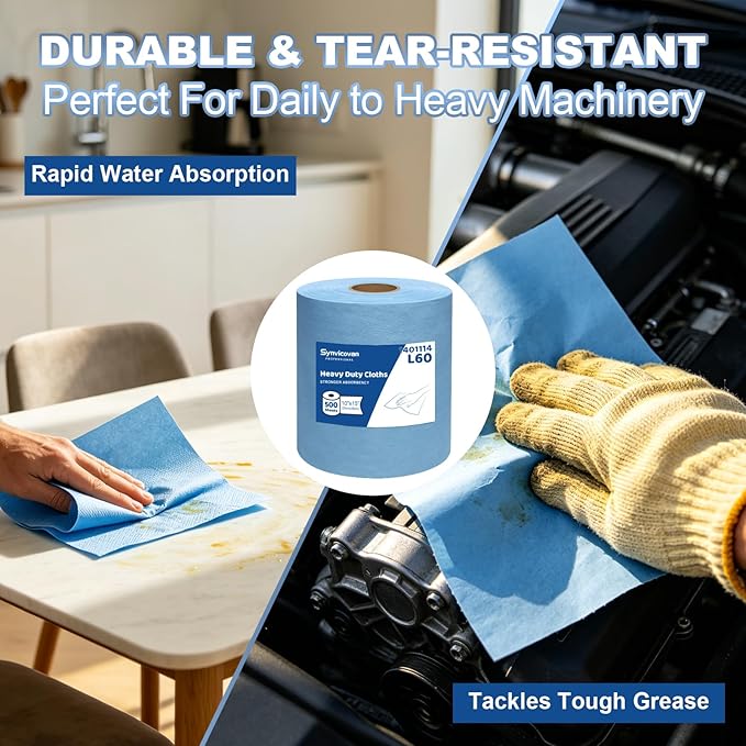 Multi-purpose Industrial Cleanroom Wipes (15"x10", 500 PCS), Lint-Free and Extra Absorbent Heavy Duty Cloths Jumbo Roll, Blue