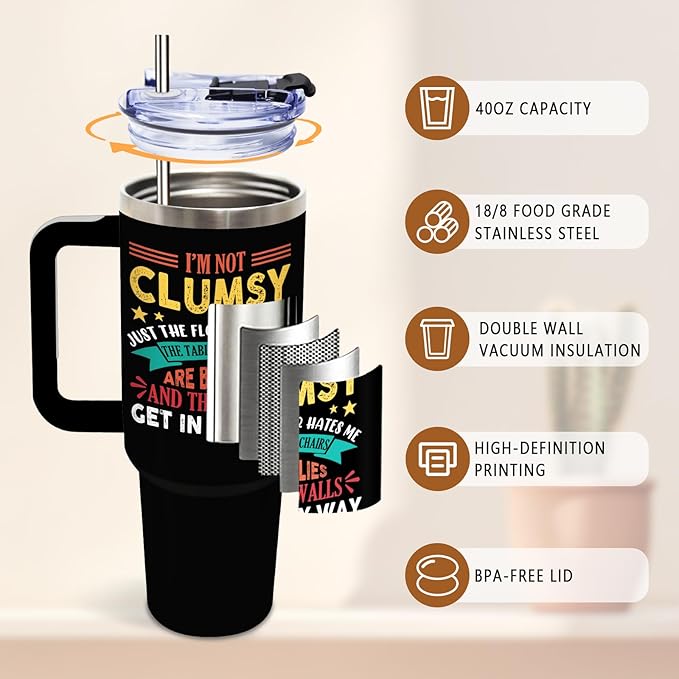 DUUV Funny Tumbler with Sarcastic Quote, I'm Not Clumsy 40 Oz Tumbler with Handle Lid and Straws, Cool Birthday Gift for Women Men, Funny Saying Gifts for Christmas Thanksgiving, 1PCS