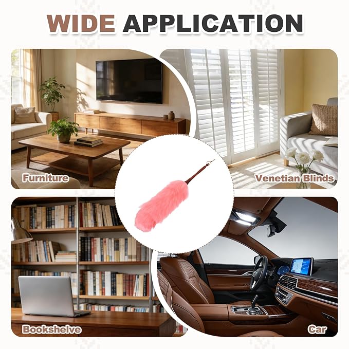 uxcell Wool Duster, 24.4" Natural Feather Cleaner Household Cleaning Duster with Solid Wooden Handle for Cleaning Fans Window Blinds Shelves Furniture, Pink