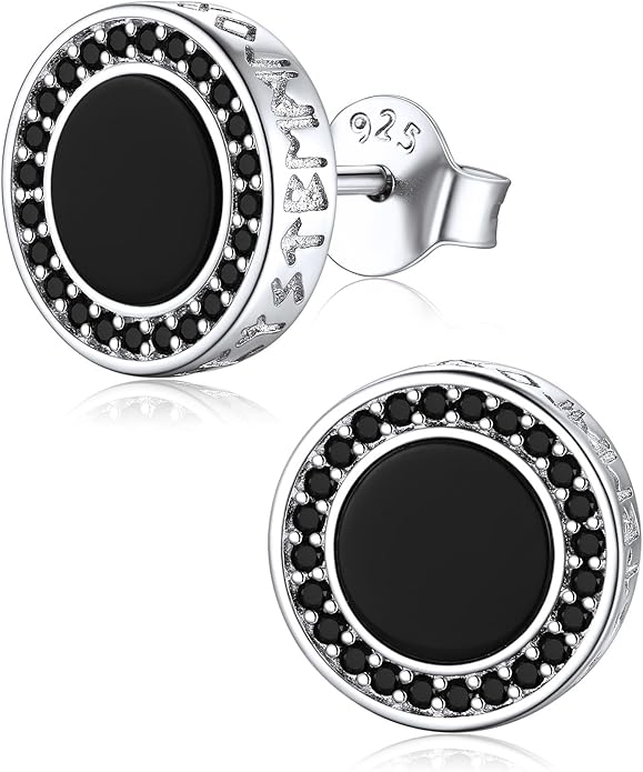 ChicSilver 925 Sterling Silver Viking Rune Natural Black Onyx Stud Earrings For Women Men