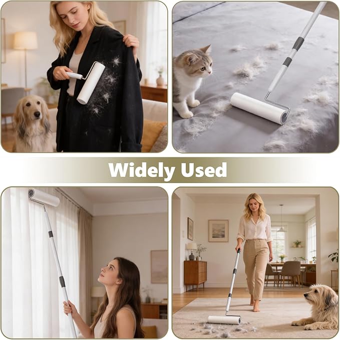 Large Lint Rollers for Pet Hair Extra Sticky, 9.45'' Long Handled Giant Lint Roller,6 Replaceable Rolls for Cleaning Carpets, Clothing, Couch, Furniture Wall Cleaner Mop Dust Remover