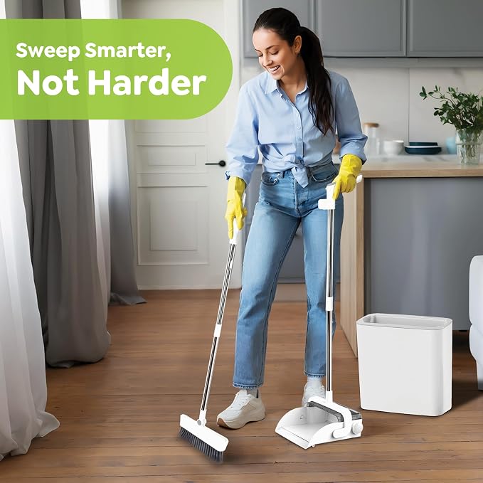 DustDockPro: Self-Emptying Broom and Dustpan Set with Built-in Trash Can – Hands-Free No-Bend Disposal, Upright Sweeper with Comb Teeth for Pet Hair, Long Adjustable Handle, Floors, Tile & Kitchen