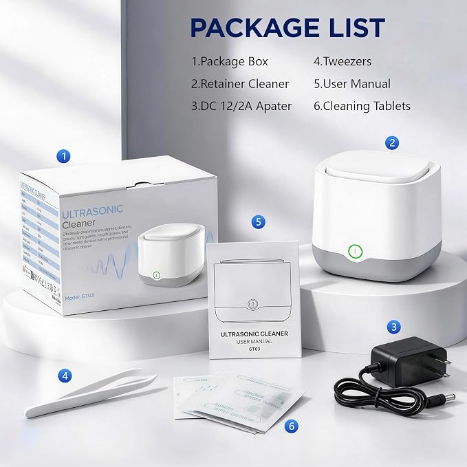 Ultrasonic Retainer Cleaner Machine, 45kHz Rechargeable Cordless Denture Cleaner for Aligners, Night Guards & Mouth Guards, 200ML Dental Cleaning Pod with 3 Cleaning Modes and 6 Cleaning Tablets