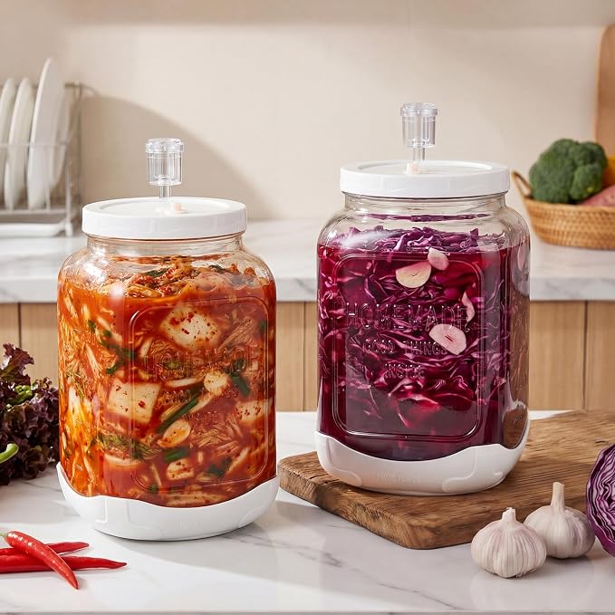 FavorFlavor 2 PCS 1.5 Gallon Fermentation Jar with Airlock and Lid, Wide Mouth Mason Jar with Scale Mark, Glass Container with Non-slip Base for Sauerkraut, Sourdough Starter, Kombucha, Mead Making