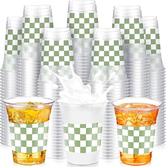 SiliFine 50 Pcs 12 oz Green Checkered Plastic Cups Clear Disposable Gingham Plaid Party Cups for Birthday Baby Shower Picnic BBQ Garden Golf Party Decorations