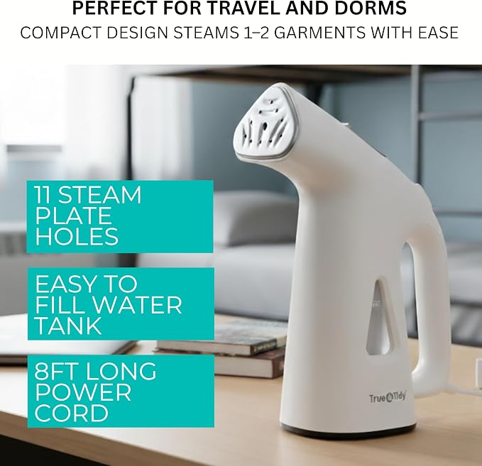 True & Tidy Compact Handheld Garment Steamer for Clothes, Travel Steamer with Stainless Steel Nozzle, 800 watts, White