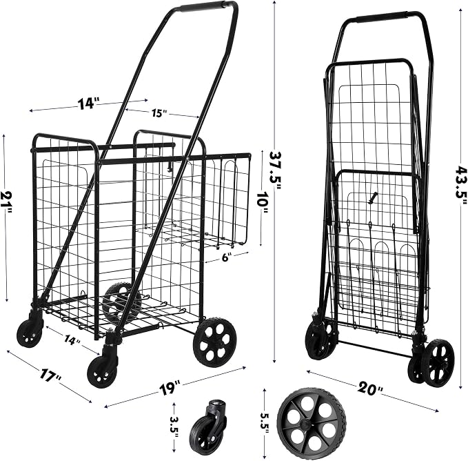 BIEAMA Folding Shopping Cart, 200 Lb Capacity Grocery Cart, Medium Size | Heavy Duty Utility Cart with 360 Rolling Swivel Wheels, Extra Basket