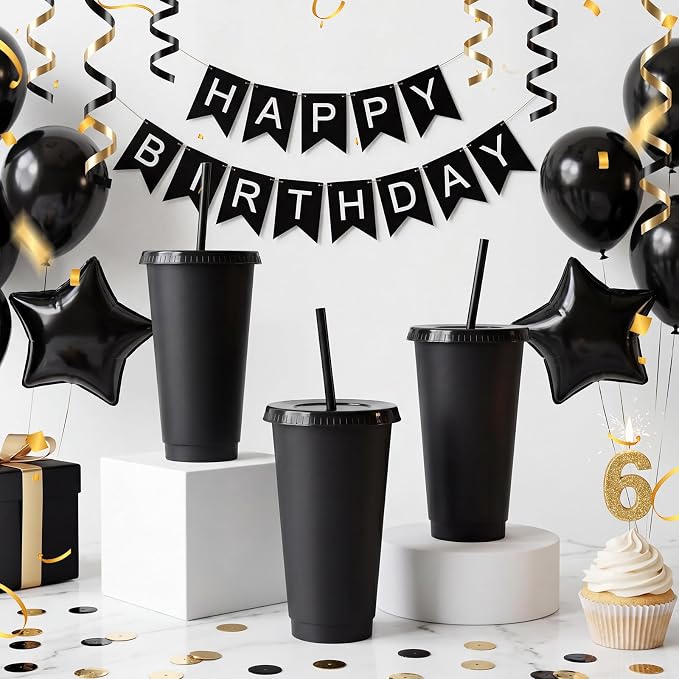 Honeydak 150 Pack Tumbler with Straw and Lid Bulk Cups for Gifts Water Bottle Iced Coffee Travel Mug Cup Reusable Plastic Tumblers for Party Birthdays 24-27 oz (Black Color)