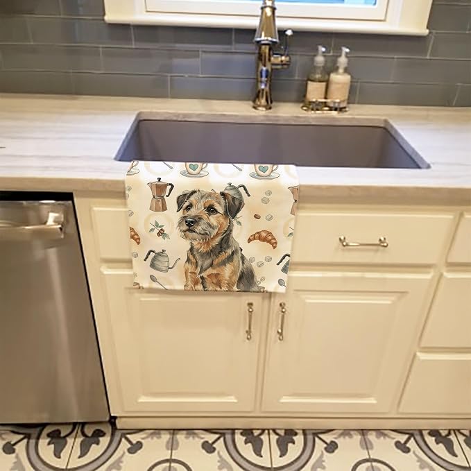 Caroline's Treasures Grizzle and Tan Border Terrier Coffee Bar Kitchen Towel Velour Plush Front and Cotton Loop Back Machine Washable
