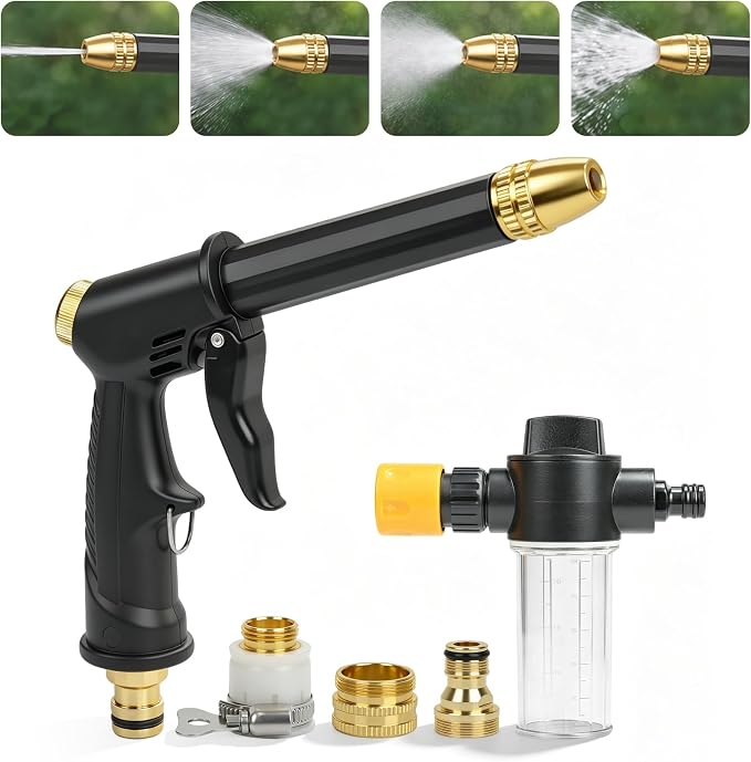 2026 high pressure hose nozzle, portable high pressure water gun with 4 Adjustable Jet Nozzle, pressure washer nozzle, power washer hose attachment for garden Patio Cleaning