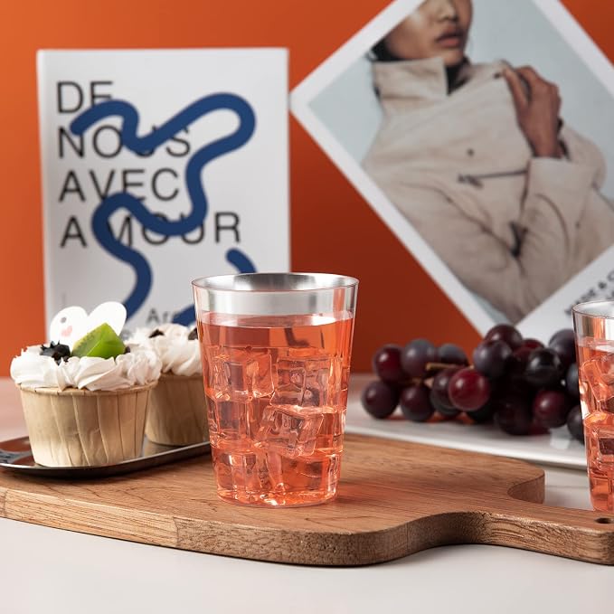 I00000 200pcs Silver Disposable Plastic Cups 10 oz Clear Plastic Cups Old Fashioned Tumblers Silver Rim Cup Disposable Elegant Silver Wine Glasses Cocktail Cup