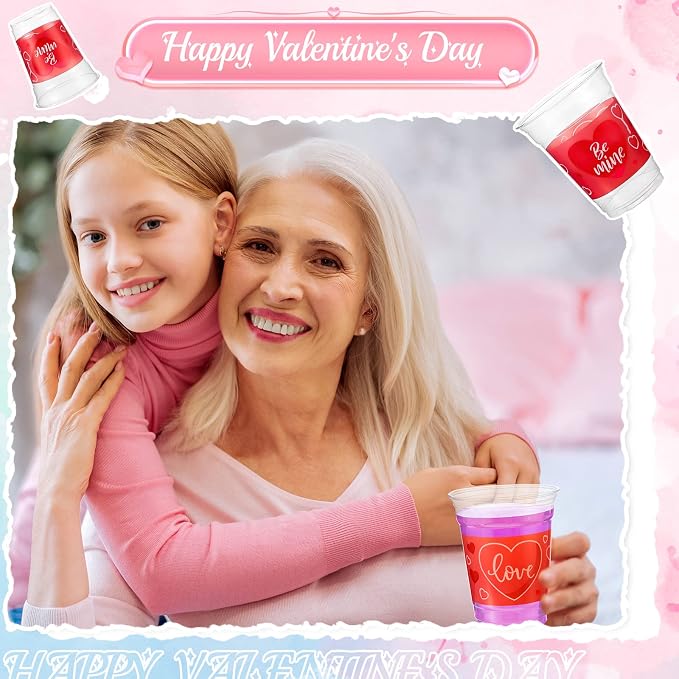 Meanplan 100 Pcs 12 oz Valentine Plastic Cups Bulk Valentine Drinking Cups Pink Heart Glasses Drinking Galentine Day Party Favor Supplies for Beverages Iced Juice Wedding Anniversary(Be Mine Style)