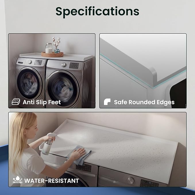 Premium Washer Dryer Countertop 54" W x 27.5" D x 3.1" H, One Solid Base Board Laundry Room Topper with Edge Rails, Washing Machine Top, Painted Finish, Anti-Slip Feet, Engineered Wood, White Color