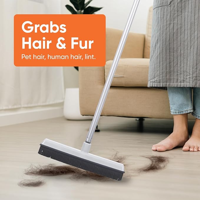 Rubber Bristle Broom for Hardwood Floors, Tiles, Carpets, Wood, and Vinyl, Salon Rubber Squeegee and Rug Rake for Human Hair, Pet Hair, Fur, and Lint, Grey, 2 Pack, by Superio