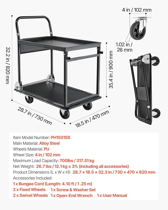 VEVOR Heavy Duty 2 Tier Platform Hand Truck, 700 lbs 2 Tier Push Tool Cart with High-Strength Steel, Utility Cart for Warehouse, Garage, Workshop, Office