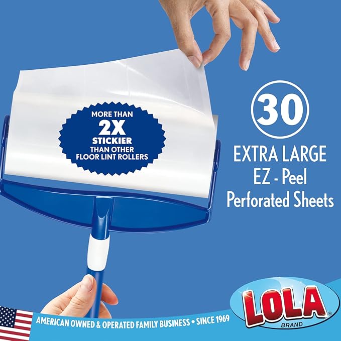 LOLA Rola PET Hair Remover Sticky Mop, Giant Floor Lint Roller, 9" x 3.5", Extender Handle, Largest Head, Traps Hair, Dust, Dirt, Extra Sticky Sheets