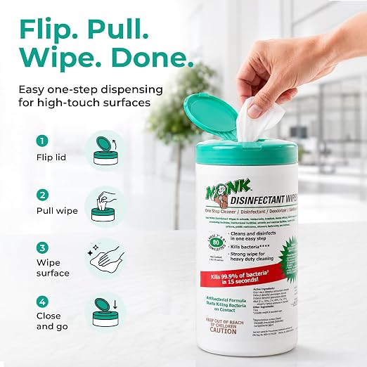 Monk Disinfecting Wipes 12 Canisters of 80 Count for Commercial Facilities | Heavy Duty Cleaning Wipes - 3in1 Disinfectant, Deodorizer & Sanitizer Cleaning Supplies – All Purpose Cleaner for Home & Gym