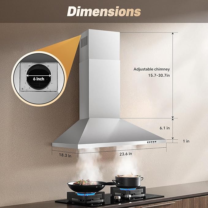 SNDOAS 24 inch Range Hood,Stainless Steel Oven Vent Hood,Wall Mount Kitchen Hood,Ducted/Ductless Chimney-Style Kitchen Exhaust Hood with Push Button Control,Stove Vent Hood with 3-speed Fan