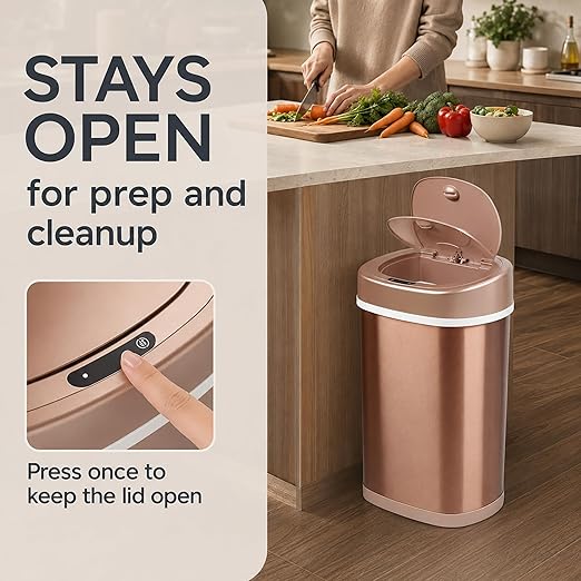 Motion Sensor Trash Can, 15L Touchless Automatic Garbage Can with Lid, Stainless Steel for Kitchen, Bathroom, Office, Quiet Soft-Close, Long Battery Life, Champagne Gold