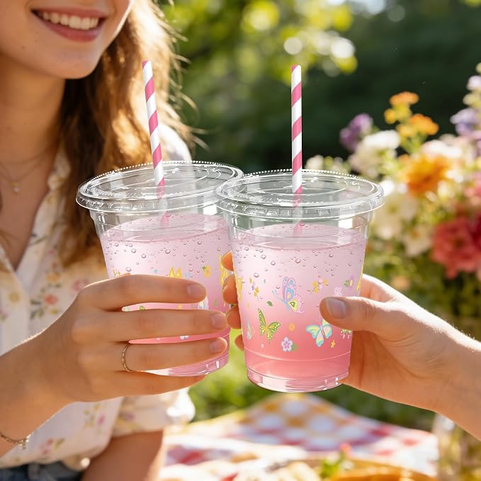 50 Sets Butterfly Plastic Cups with Lids Straws 12 oz Floral Butterfliy Disposable Cups Spring Flower Party Favor Drinking Beverage Cup for Baby Shower Birthday Party Supplies