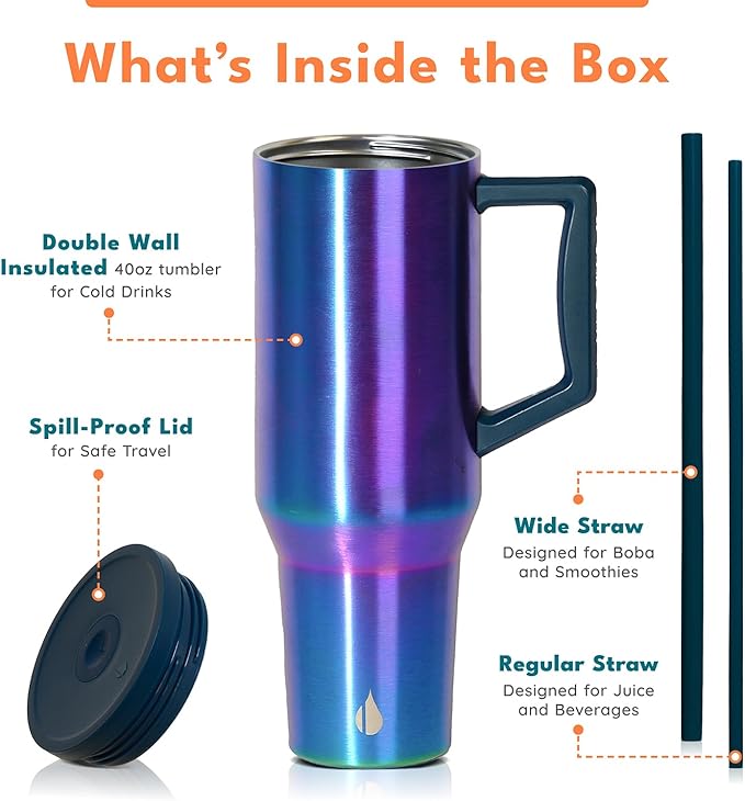 Elemental 40 oz Tumbler with Handle and Straw - Spill Proof Insulated Stainless Steel Commuter for Cold Beverages - Travel Coffee Mug with 2 Straws & Spill Proof Lid - 40oz - Iridescent