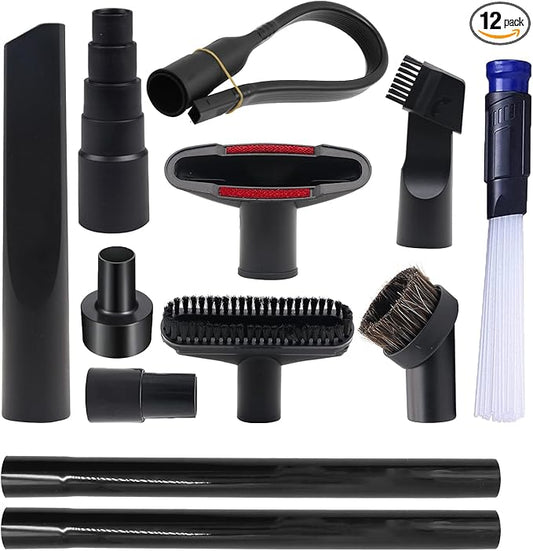12 PCS Vacuum Attachments for Shop Vac Accessories 1 1/4 inch 1 3/8 inch Cleaning Accessories Kit with Universal Vacuum Hose Adapter Vacuum Extension Wand Horse Hair Brush Flexible Crevice Tool