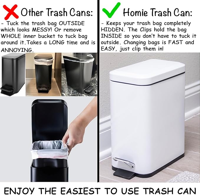 Homie Soft Close, Slim Trash Can 3.2 Gallon with Anti - Bag Slip Liner and Lid, Use as Mini Garbage Basket, Slim Dust Bin, or Decor in Bathroom, Restroom, Kitchen, or Bedroom (Shiny White)