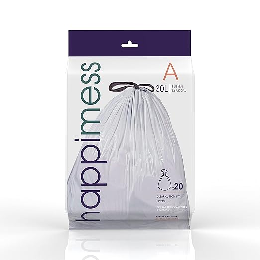 happimess 8 Gallon (30L) Drawstring Trash Bags, Unscented, Clear, Heavy Duty LDPE Liners for Kitchen and Household, Custom Fit 120 Count (6 Packs of 20 Liners) HPM3000A-C-6SET