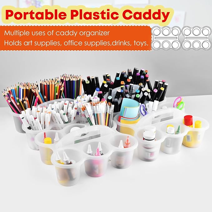 ALINK 6 Pack Classroom Caddy Storage Basket with Handle, Plastic Drink Cup Caddy Holder, 6 Compartments for Kids, Table, Office, Arts, Crafts, Crayon, Marker, Pencil, School Supplies - Frosted