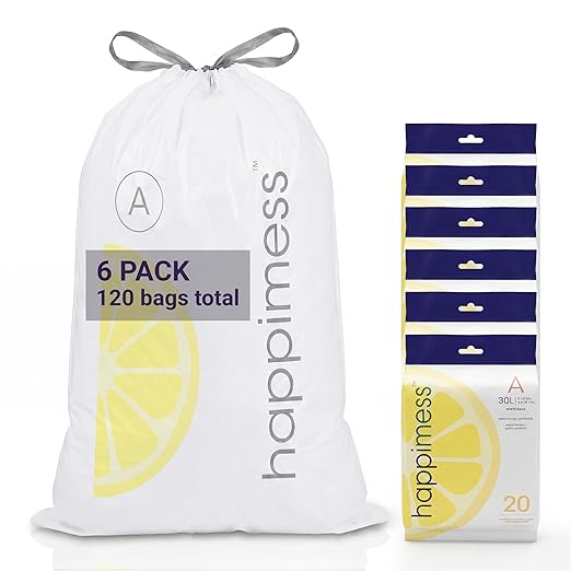 happimess 8 Gallon (30L) Drawstring Trash Bags, Lemon Scent, White, Heavy Duty MDPE Liners for Kitchen and Household, Odor Control, Custom Fit 120 Count (6 Packs of 20 Liners) HPM3100A-W-6SET