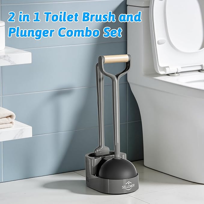 Sellemer Toilet Brush and Plunger Set, Curved Design Head Toilet Bowl Brush for Deep Cleaning, Heavy Duty Plunger for Bathroom, Grey, 2 Pack