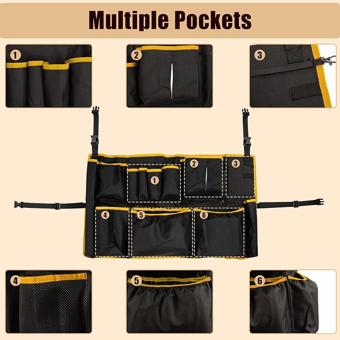 Trash Can Caddy Bag, 1680D waterproof and easy-to-clean fabric, fits for 32-55 Gallon Garbage Bin with Adjustable Buckle, Multi-Pocket Garbage Bin Caddy Organizer, Orange Edge
