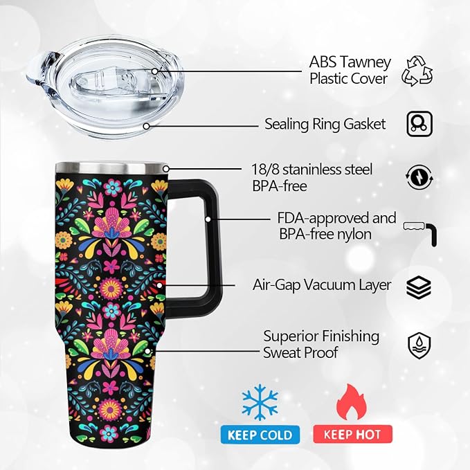 Ceovfoi 40 oz Mexican Flower Tumbler with Handle Lid and Straw, Stainless Steel Insulated Coffee Mug Cup, Mexican Stuff Supplies Accessories Gifts for Women