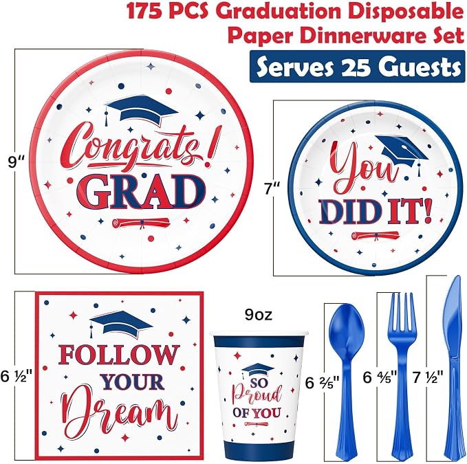 Graduation Decorations Class of 2026, 175 PCS Graduation Party Supplies College High School Grad Decor Disposable Dinnerware (Serve 25) Paper Plates Cup Napkin Fork Knife Spoon ( Red & Blue )