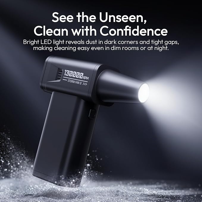 ULANZI AD02 Storm Electric Air Duster V2, 130,000 RPM Compressed Air Duster, 12.5W Fast Charge, Variable Speed, with 200-Mesh Filter & LED Light, Portable Mini Dust Blower for Camer Cleaning