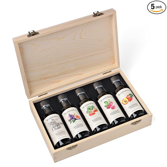 Blazing Bella Flavored Balsamic Vinegar Gift Set in Wooden Box – Balsamic Sampler Set with Fig, Peach, Strawberry, Raspberry & Barrel-Aged Balsamic – Balsamic Vinegar from Modena, Italy – 5 × 100ml Bottles