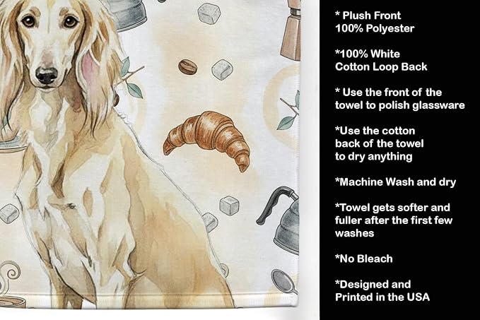 Caroline's Treasures Cream Saluki Coffee Bar Kitchen Towel Velour Plush Front and Cotton Loop Back Machine Washable