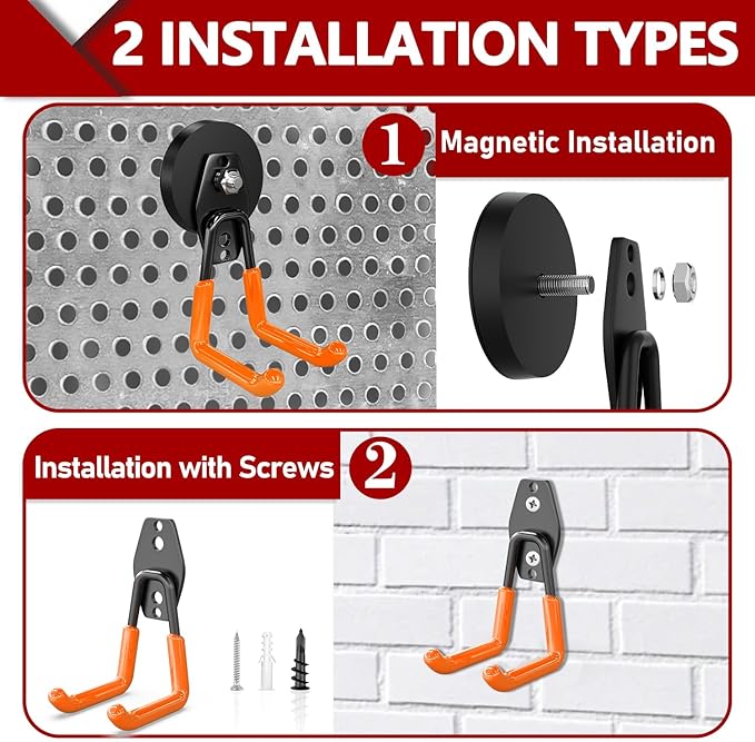 3-H Extra Strong Magnetic Hooks,Heavy Duty Large Anti-Slip Magnet Hooks,No-Drill Tool Holder for Garage,Power Drill,Garden Tools,Hose Storage,2 Pack Orange