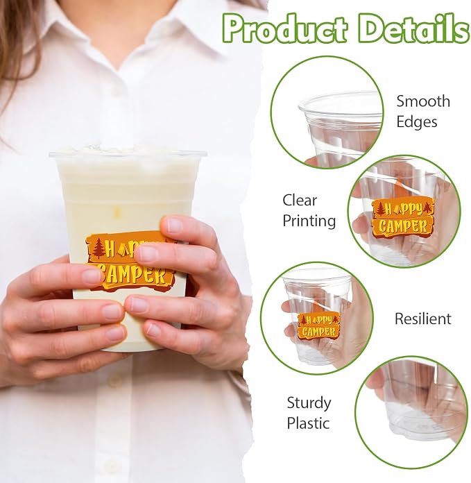 100Pcs Camping Plastic Party Cups, 12oz Camping Disposable Clear Cups for Outdoor Parties, Picnics, BBQ, Birthday, RV Trips Party Decorations (2 Styles)